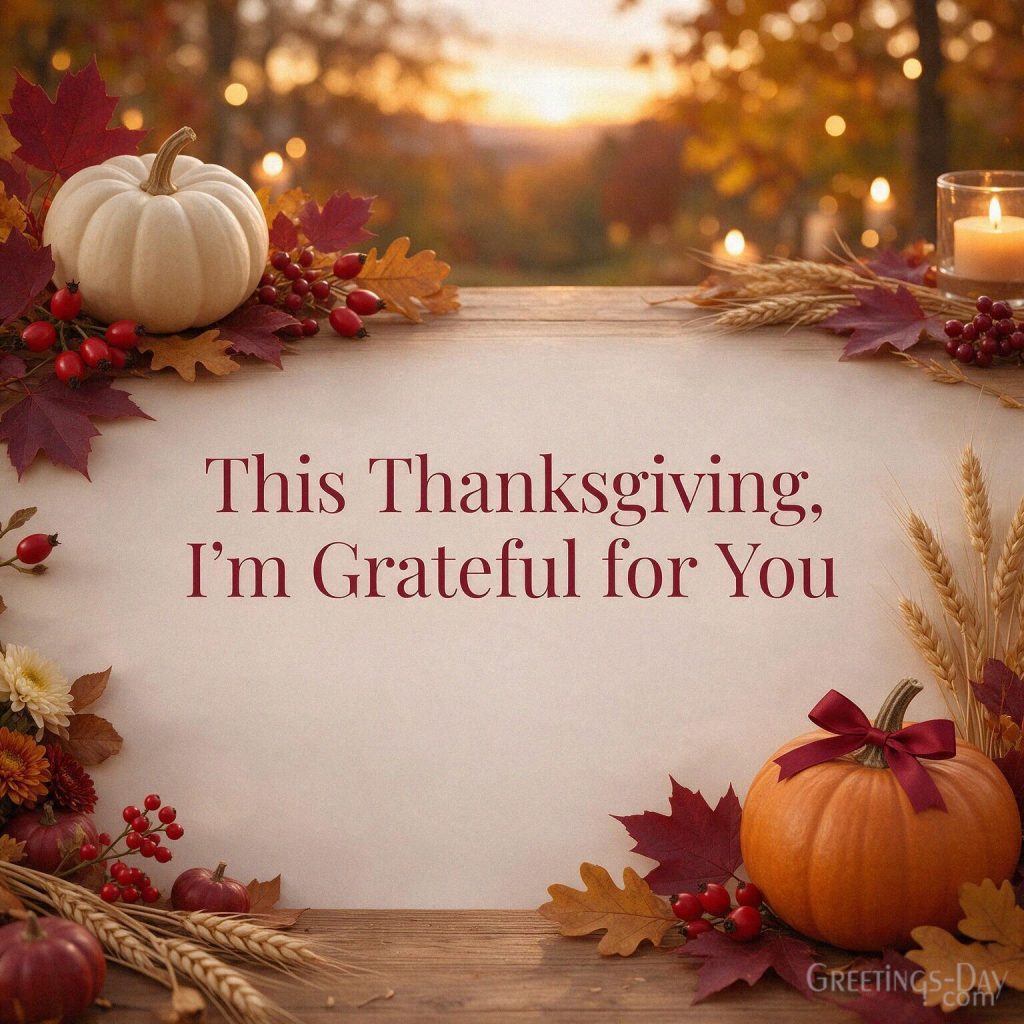 Heartfelt Thanksgiving message with elegant autumn pumpkins and golden leaves featuring “This Thanksgiving