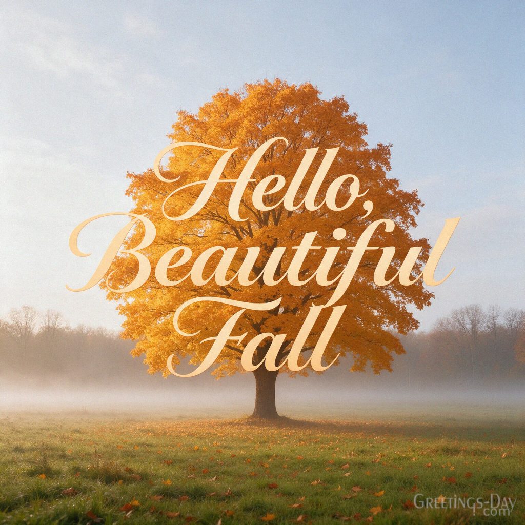 Short Fall Quote with a golden maple tree and peaceful autumn meadow featuring “Hello
