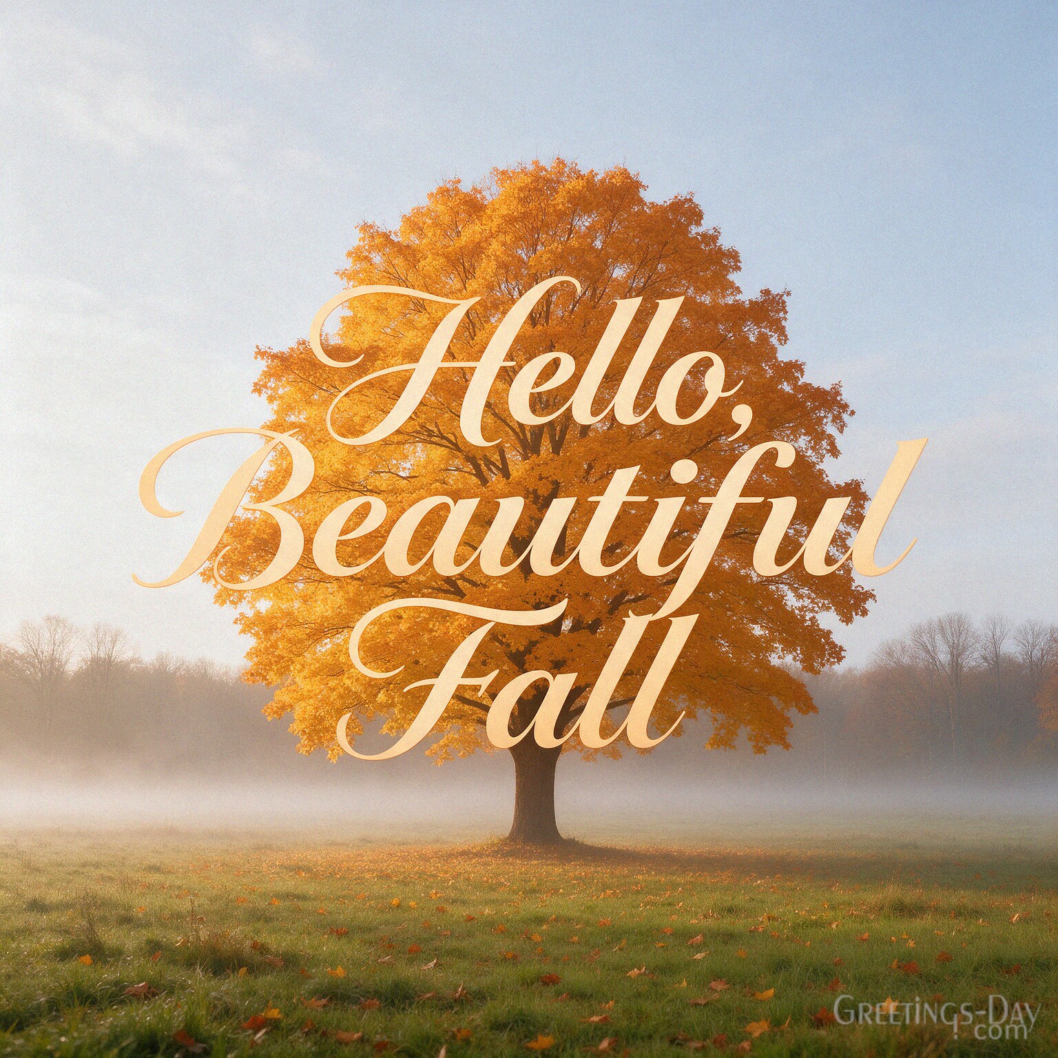 Short Fall Quote with a golden maple tree and peaceful autumn meadow featuring “Hello