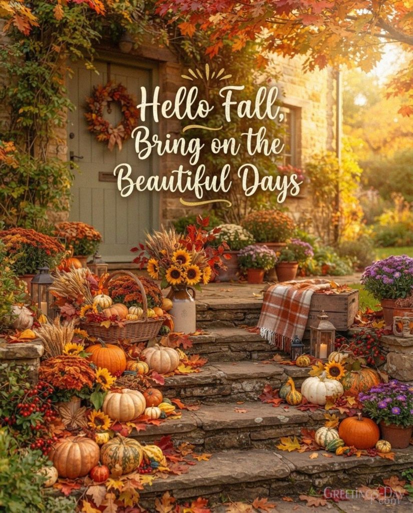Hello Fall greeting with pumpkins and autumn flowers featuring “Hello Fall