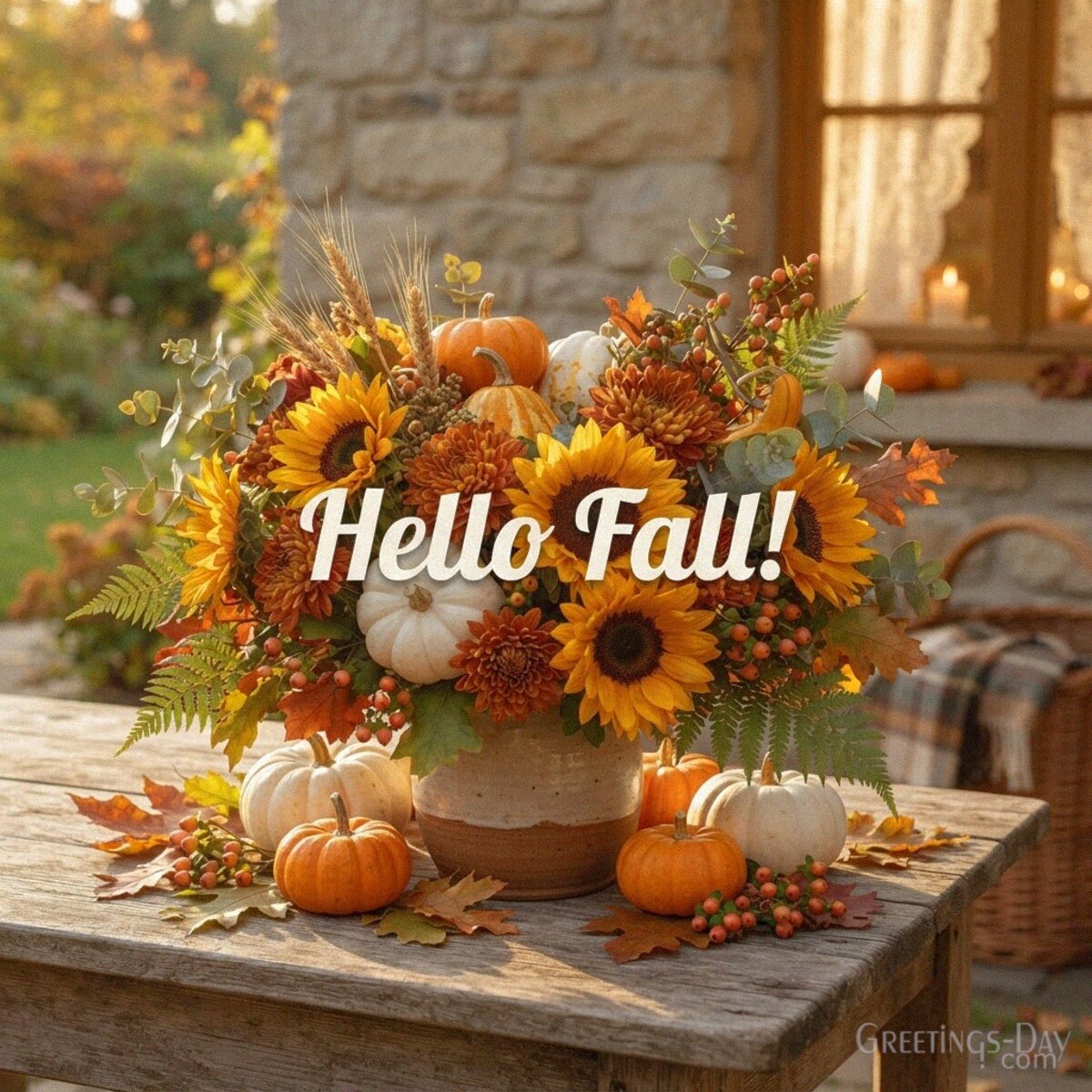 Hello Fall card with orange pumpkins