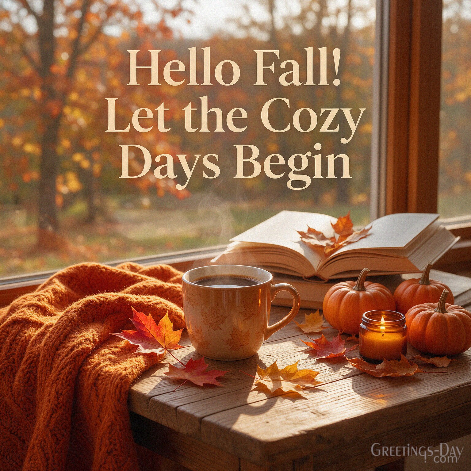 Hello Fall cozy greeting with coffee