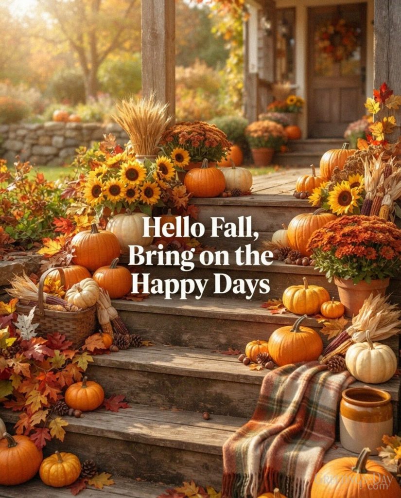 Hello Fall quote with pumpkins and golden sunflowers featuring “Hello Fall