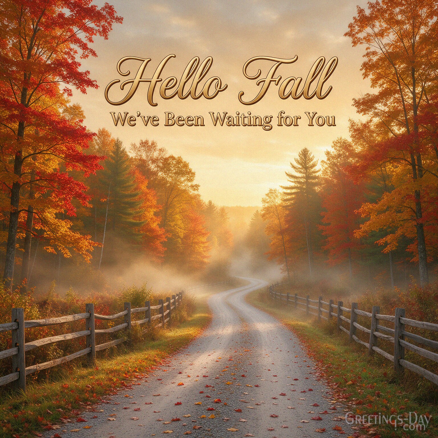 Hello Fall image with colorful autumn road and golden leaves featuring “Hello Fall