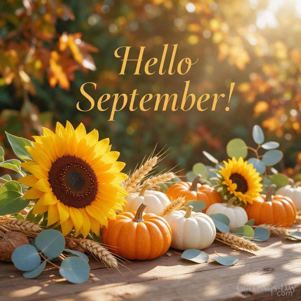 Hello September image with golden sunflowers