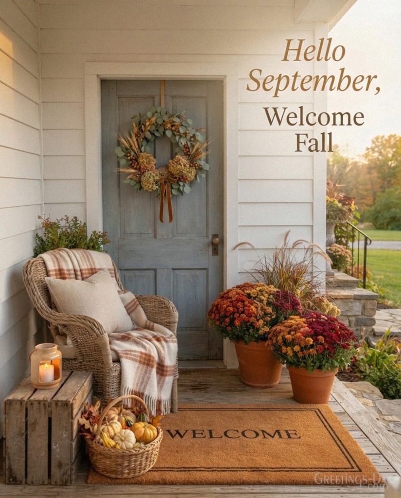 Hello September Welcome Fall image with pumpkins
