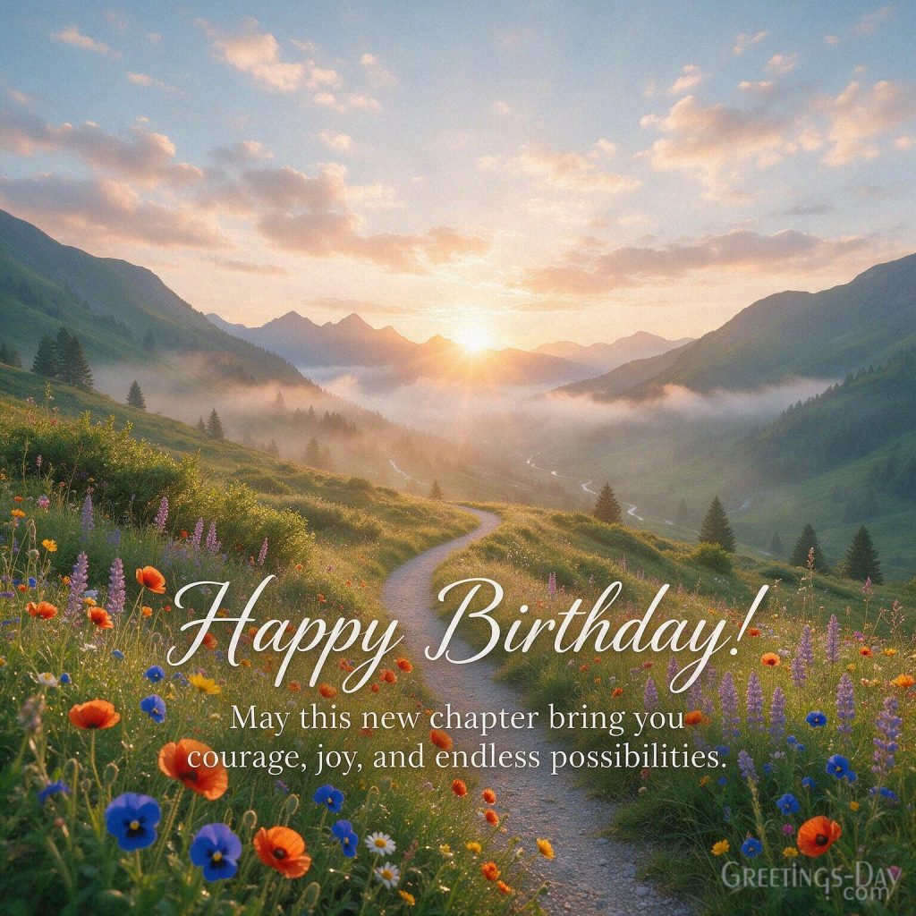Inspirational Birthday Message image featuring “Happy Birthday! May this new chapter bring you courage