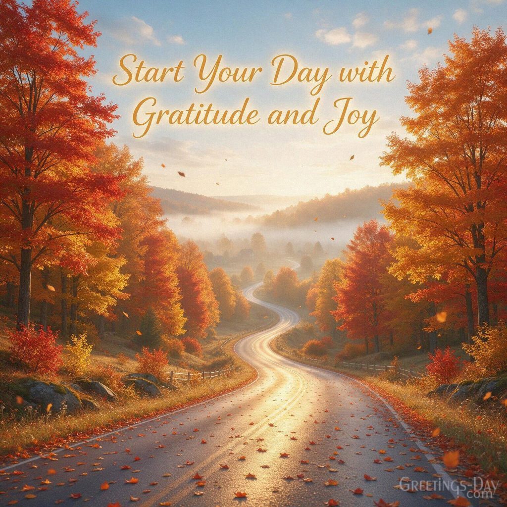Inspirational fall Good Morning image with golden autumn foliage and a sunlit country road featuring the message “Start Your Day with Gratitude and Joy” with the text