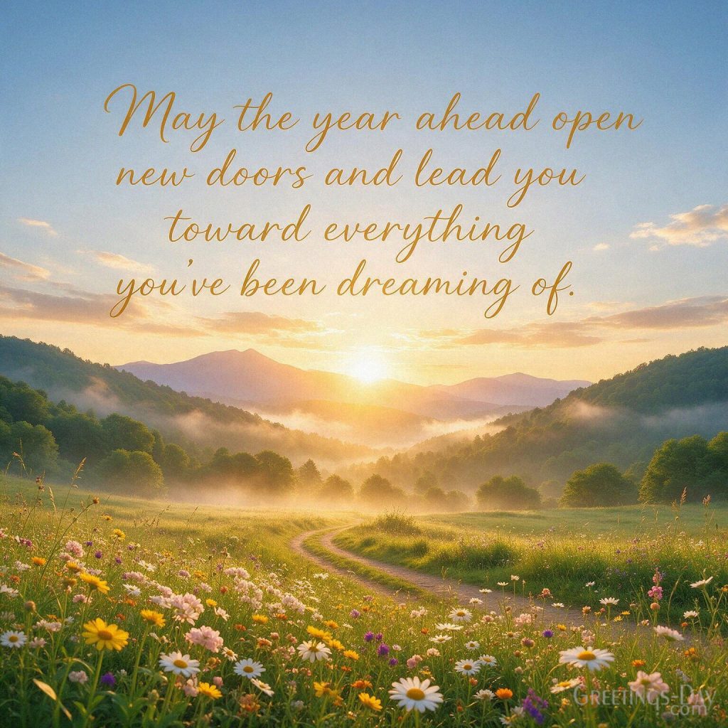 Inspirational Happy Birthday image featuring “May the year ahead open new doors and lead you toward everything you’ve been dreaming of.” with the text 