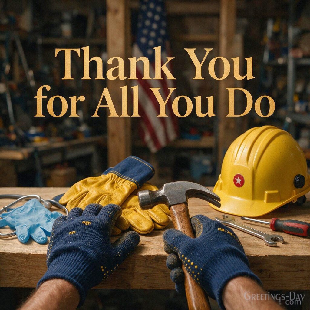 Inspirational Happy Labor Day card with sunrise over American city skyline and workers in warm golden light with the text 