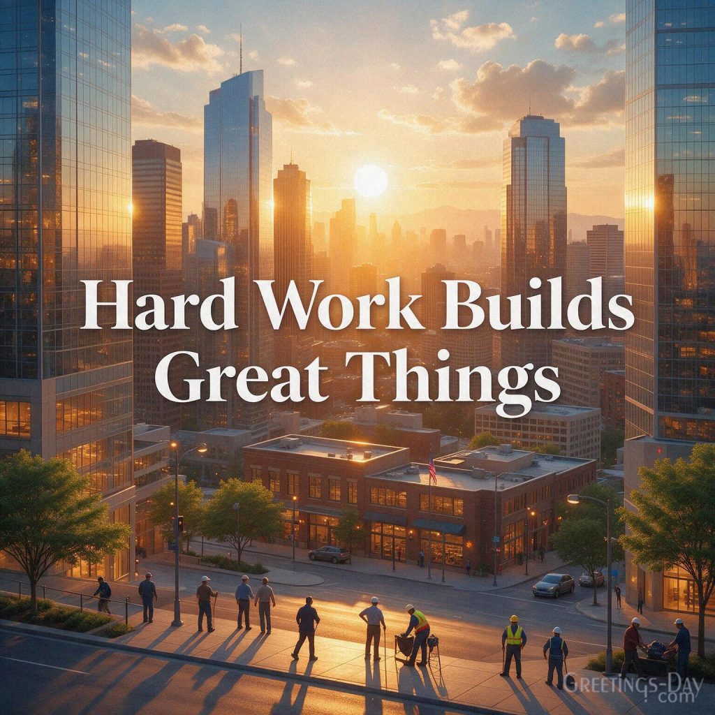 Inspirational Labor Day quote with American city sunrise and workers featuring “Hard Work Builds Great Things” with the text 
