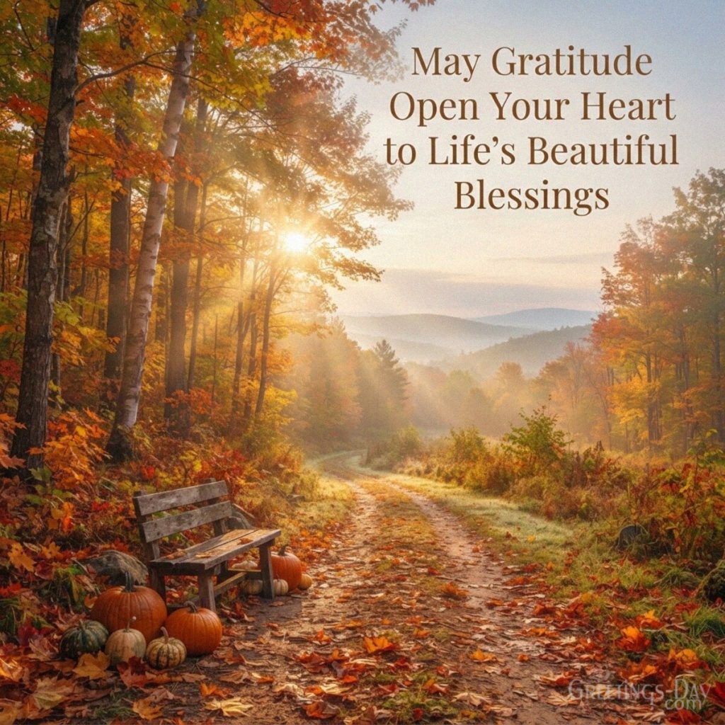 Inspirational Thanksgiving blessing with a peaceful autumn sunrise featuring “May Gratitude Open Your Heart to Life’s Beautiful Blessings” with the text 