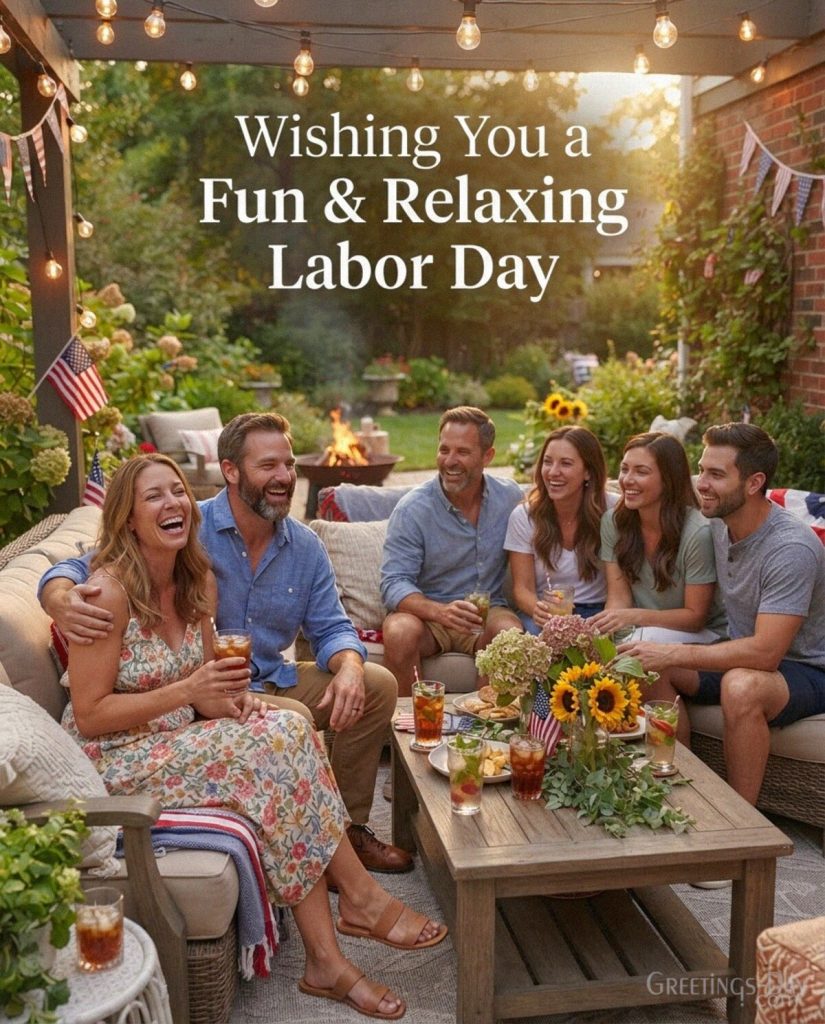 Labor Day appreciation card featuring American workers and “Celebrating Your Hard Work Today” greeting with the text 