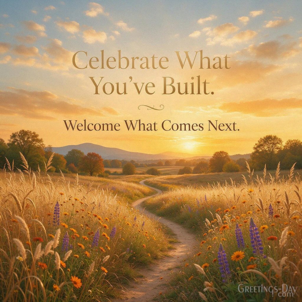 Inspirational Labor Day quote with golden late-summer landscape featuring “Celebrate What You’ve Built. Welcome What Comes Next.” with the text 