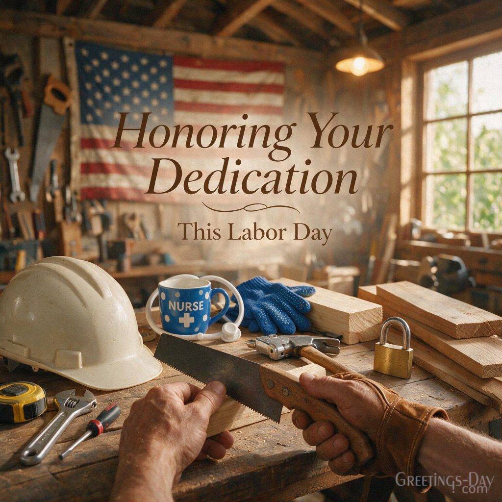 Inspirational Labor Day greeting card with American skyline and “Celebrate the Work. Celebrate the Dream.” message with the text