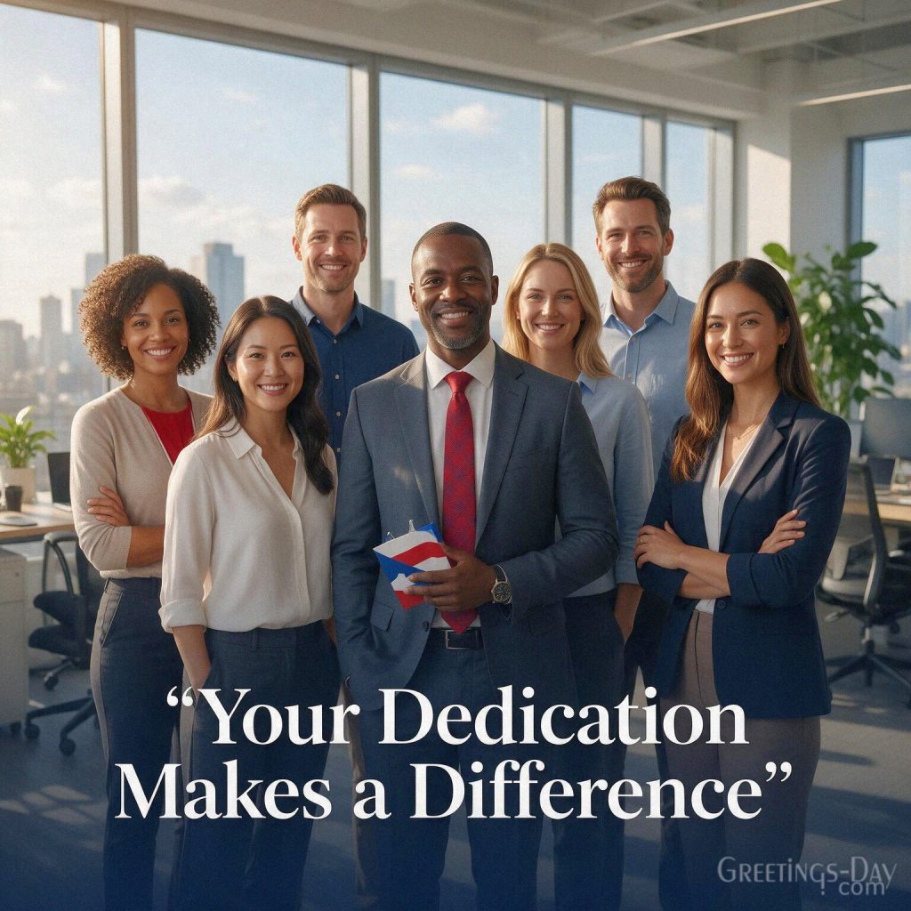 Labor Day employee appreciation quote with professional team featuring “Your Dedication Makes a Difference” with the text 