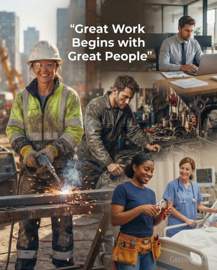 Worker appreciation Labor Day quote with diverse skilled workers featuring “Great Work Begins with Great People” with the text