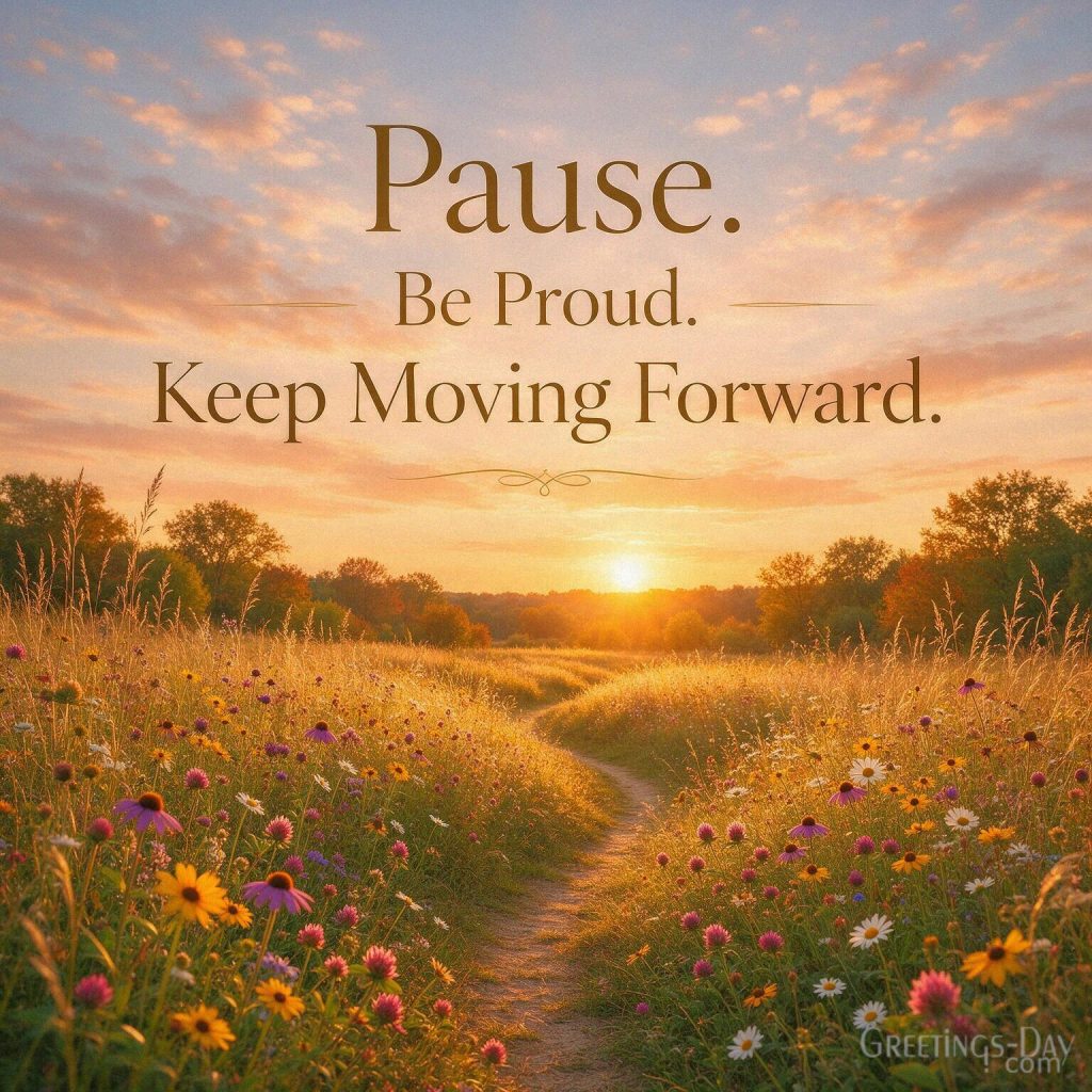 Motivational Labor Day quote with peaceful path through golden field featuring “Pause. Be Proud. Keep Moving Forward.” with the text 