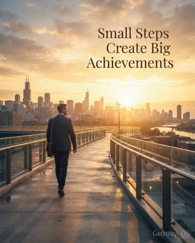 Inspirational Labor Day success quote with golden city sunrise featuring “Small Steps Create Big Achievements” with the text 