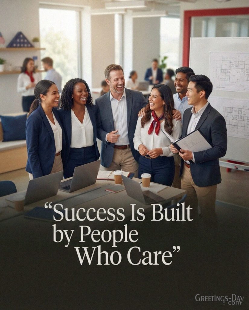 Inspirational Labor Day quote for employees with diverse workplace team featuring “Success Is Built by People Who Care” with the text