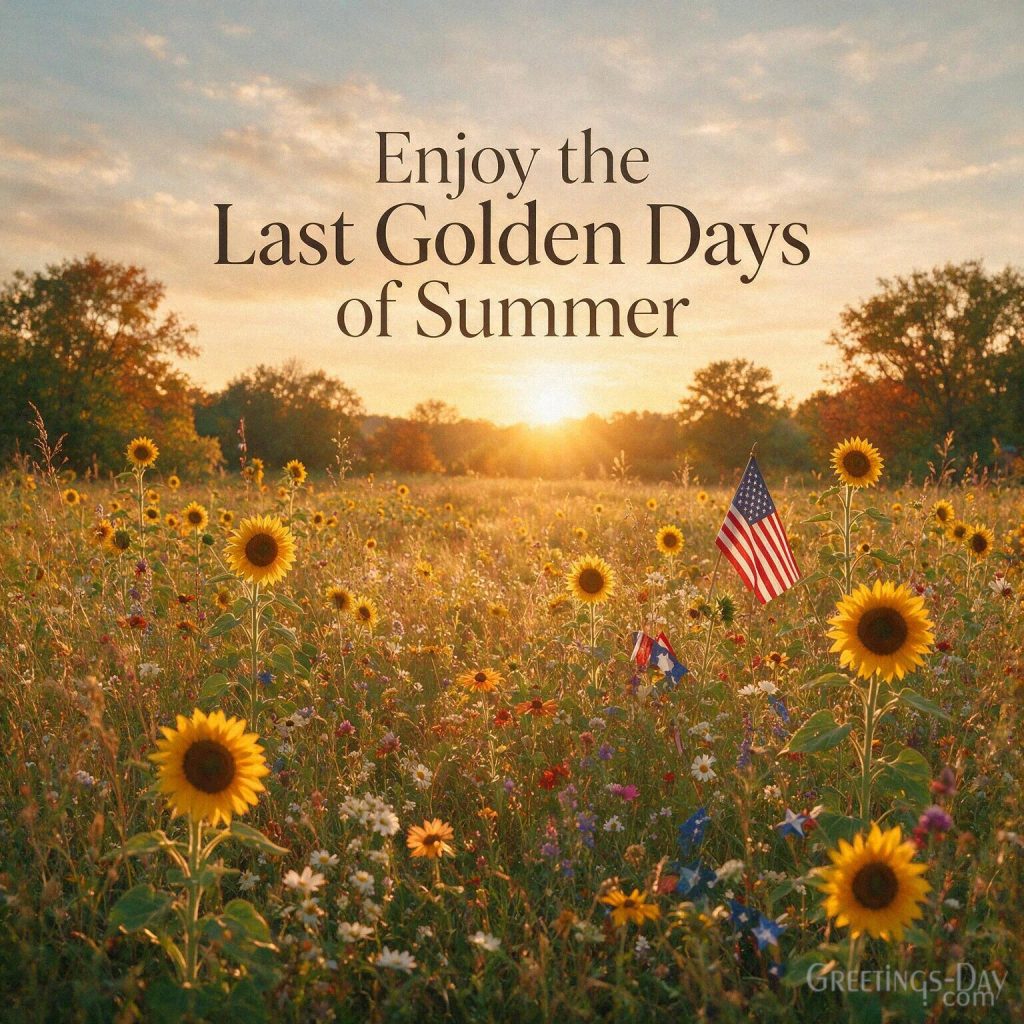 Labor Day card with golden summer sunset and wildflowers featuring “Enjoy Every Moment of Labor Day” greeting with the text