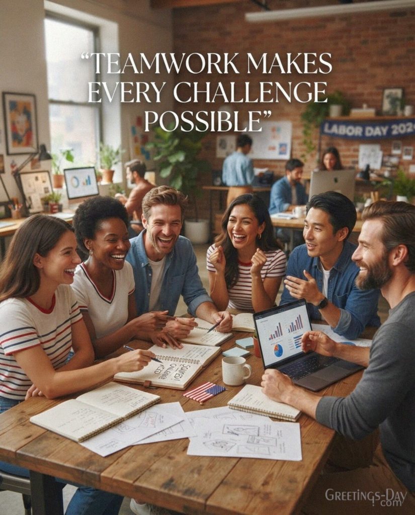 Inspirational Labor Day coworker quote with modern workplace team featuring “Teamwork Makes Every Challenge Possible” with the text