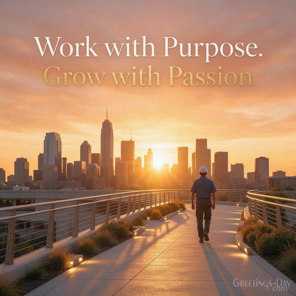 Motivational Labor Day work quote with inspiring sunrise featuring “Work with Purpose. Grow with Passion.” with the text
