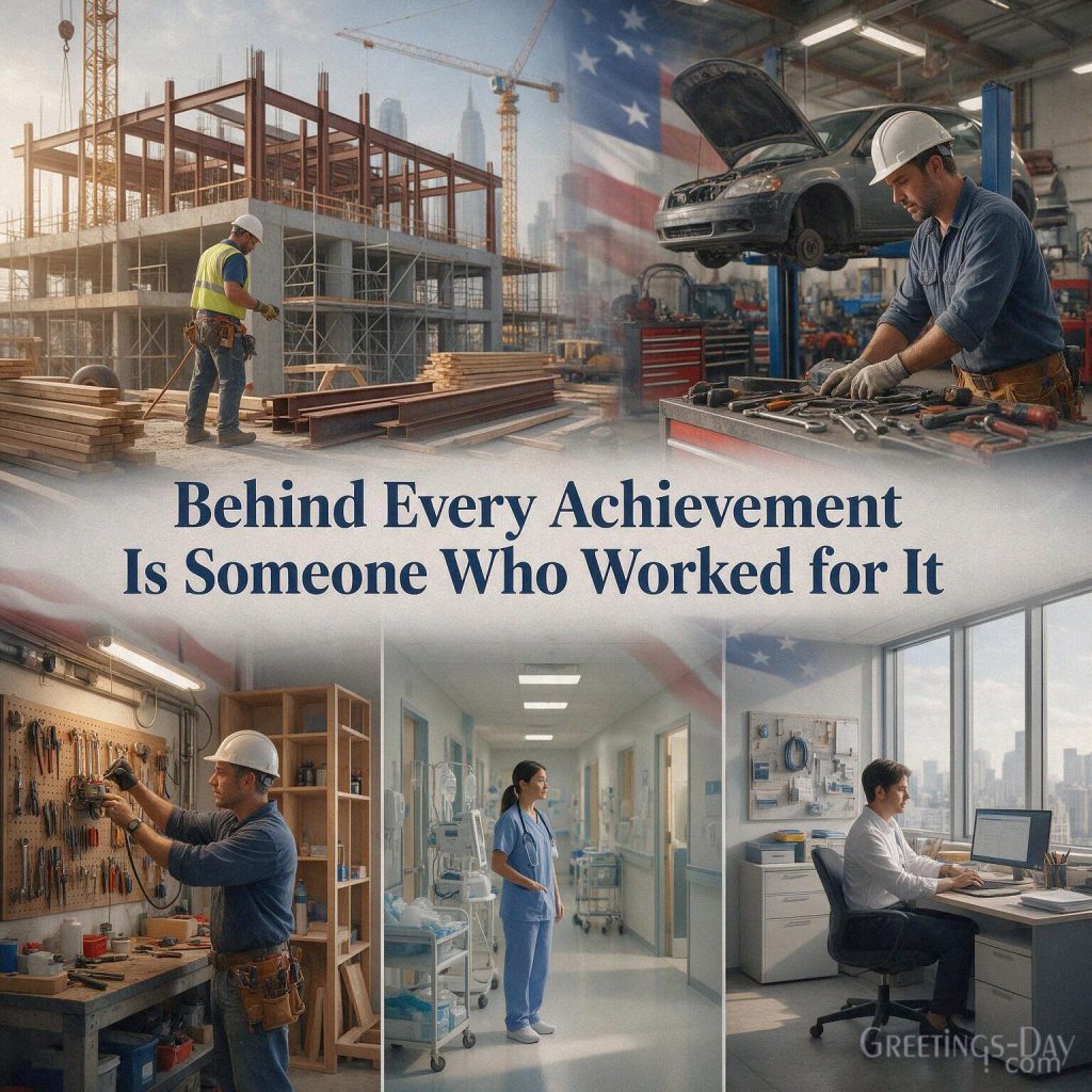 Inspirational Labor Day worker quote with American tradespeople featuring “Behind Every Achievement Is Someone Who Worked for It” with the text 