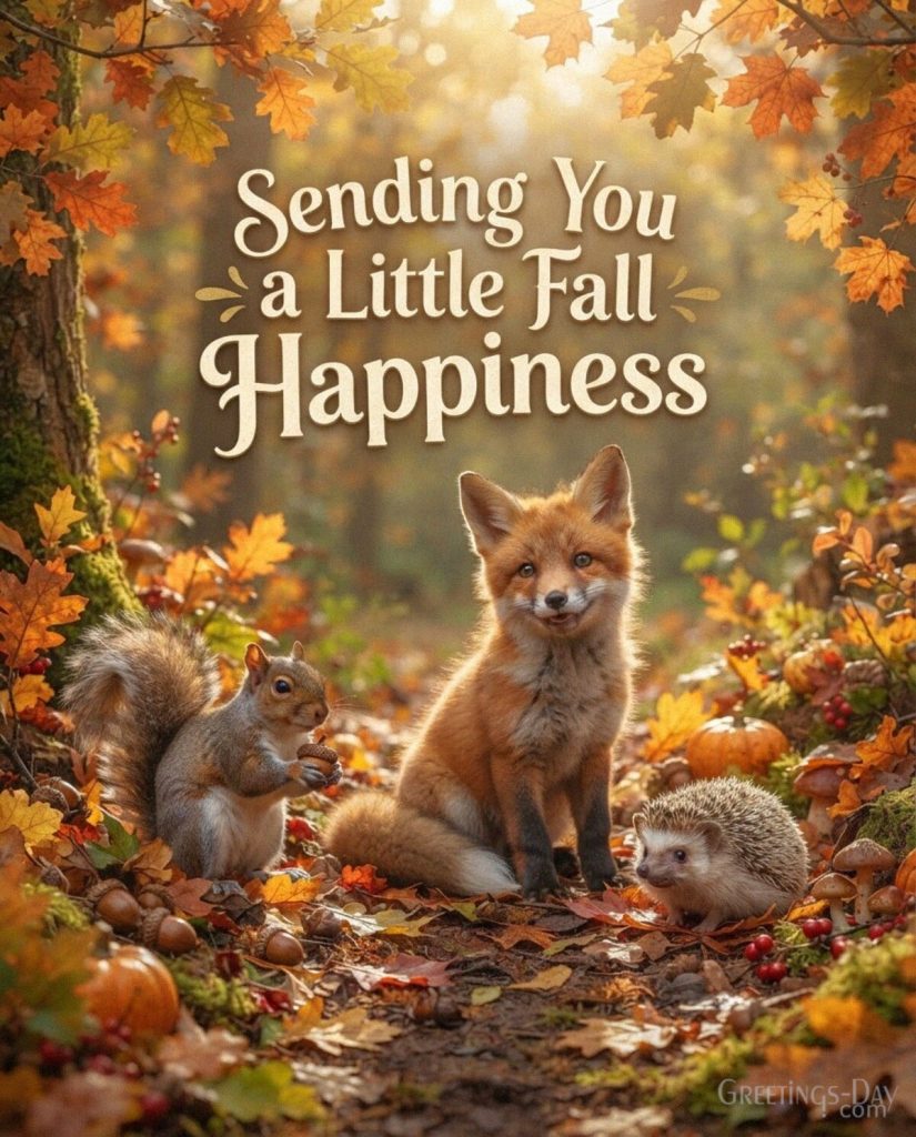 Cute fall greeting card with woodland animals featuring “Sending You a Little Fall Happiness” with the text 