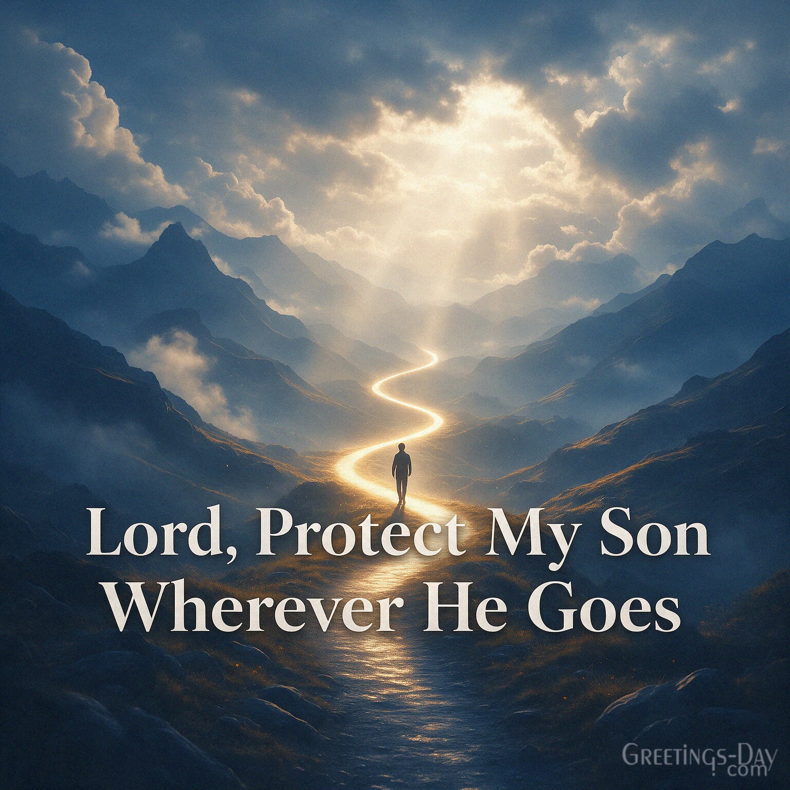 Prayer for a son's protection showing a man on an illuminated mountain path with the words Lord