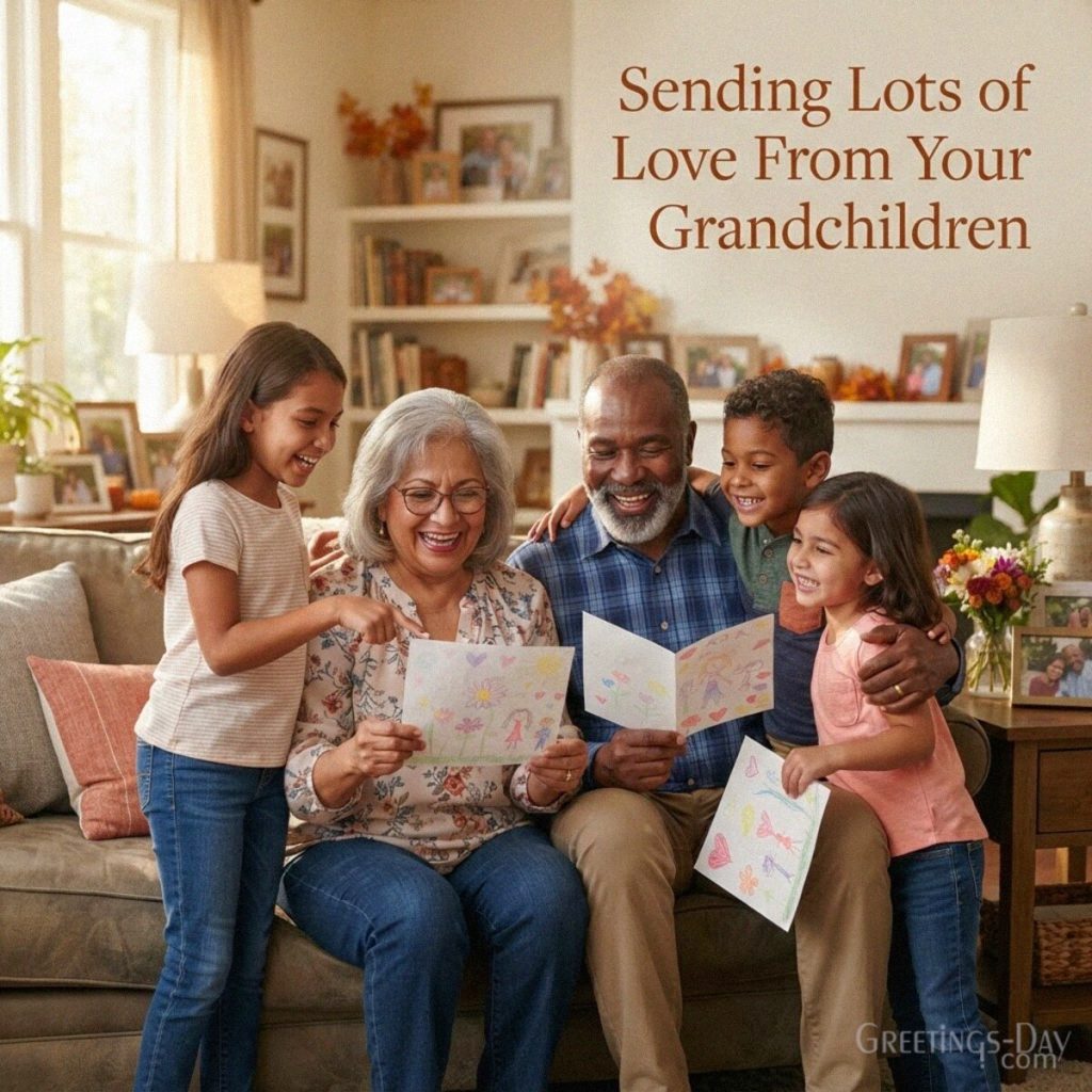 Sending love from grandchildren Grandparents Day image with grandkids sharing handmade greetings with Grandma and Grandpa with the text
