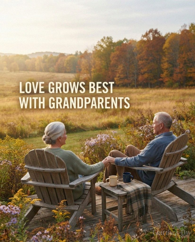Short grandparents love quote with Grandma and Grandpa overlooking an autumn meadow and “Love Grows Best With Grandparents” with the text