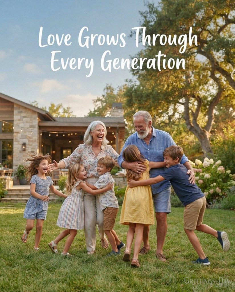 Grandparents Day family picture with grandparents and grandchildren sharing a hug and “Love Grows Through Every Generation” with the text 