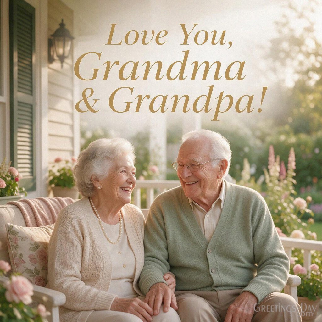 Love You Grandma & Grandpa Grandparents Day card with a smiling grandmother and grandfather on a cozy porch with the text 