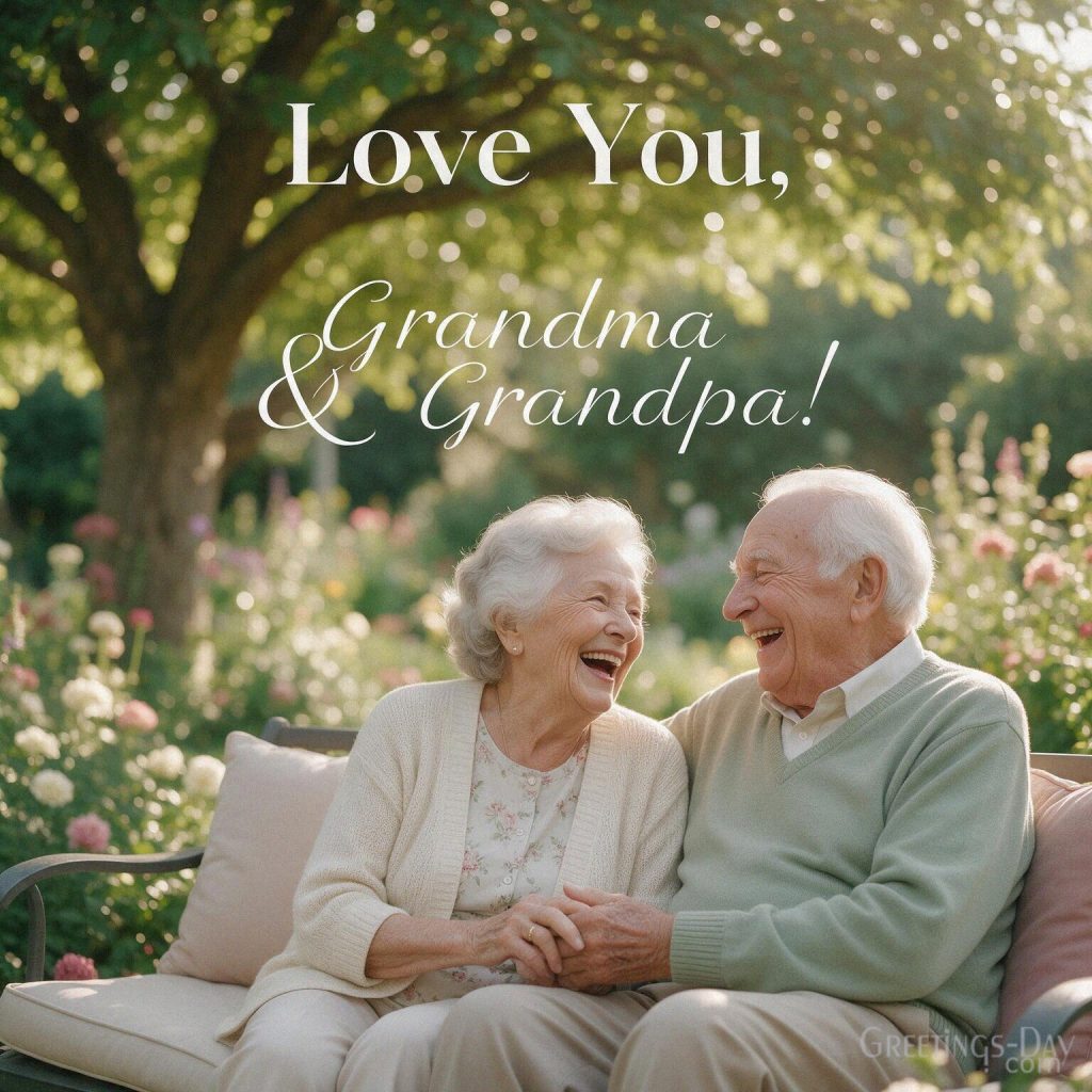 Love You Grandma & Grandpa image showing loving grandparents holding hands together on a garden bench with the text