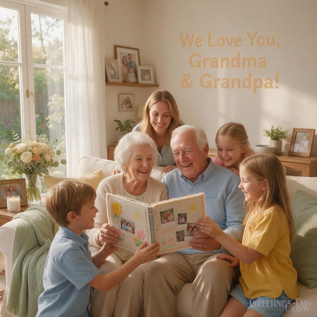 Grandparents Day message from grandchildren giving Grandma and Grandpa a family scrapbook with “We Love You