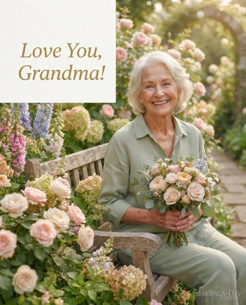 Love You Grandma card for Grandparents Day featuring an elegant grandmother holding a colorful flower bouquet with the text
