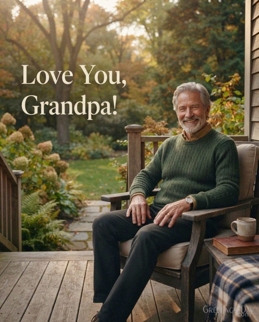 Love You Grandpa Grandparents Day card featuring a warm and happy grandfather in a peaceful outdoor setting with the text 