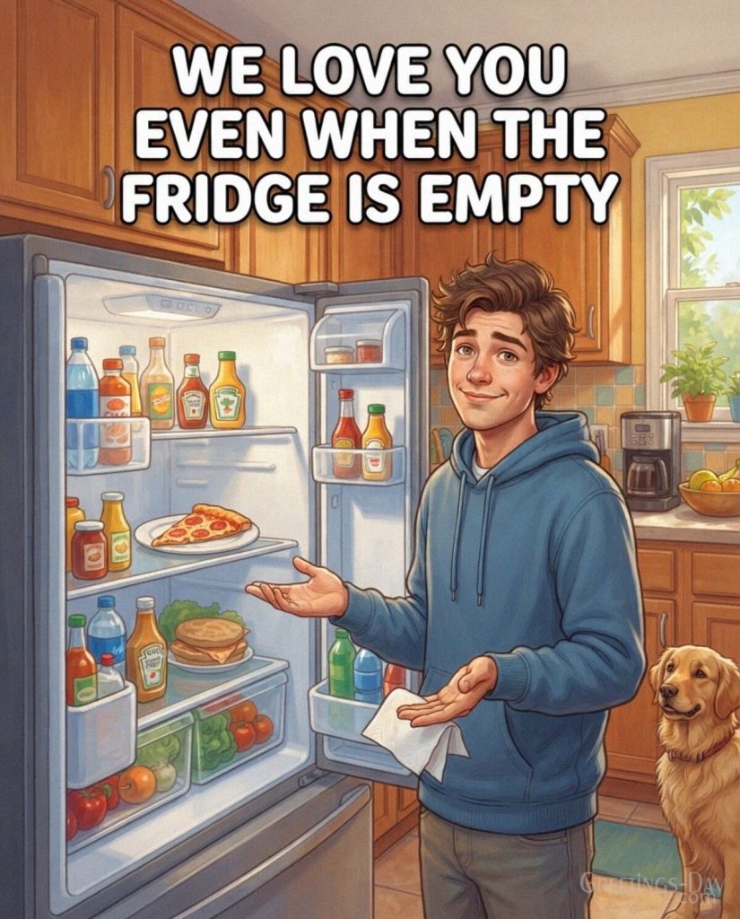 Funny National Sons Day image of a son beside an empty fridge with the message We Love You Even When the Fridge Is Empty with the text 