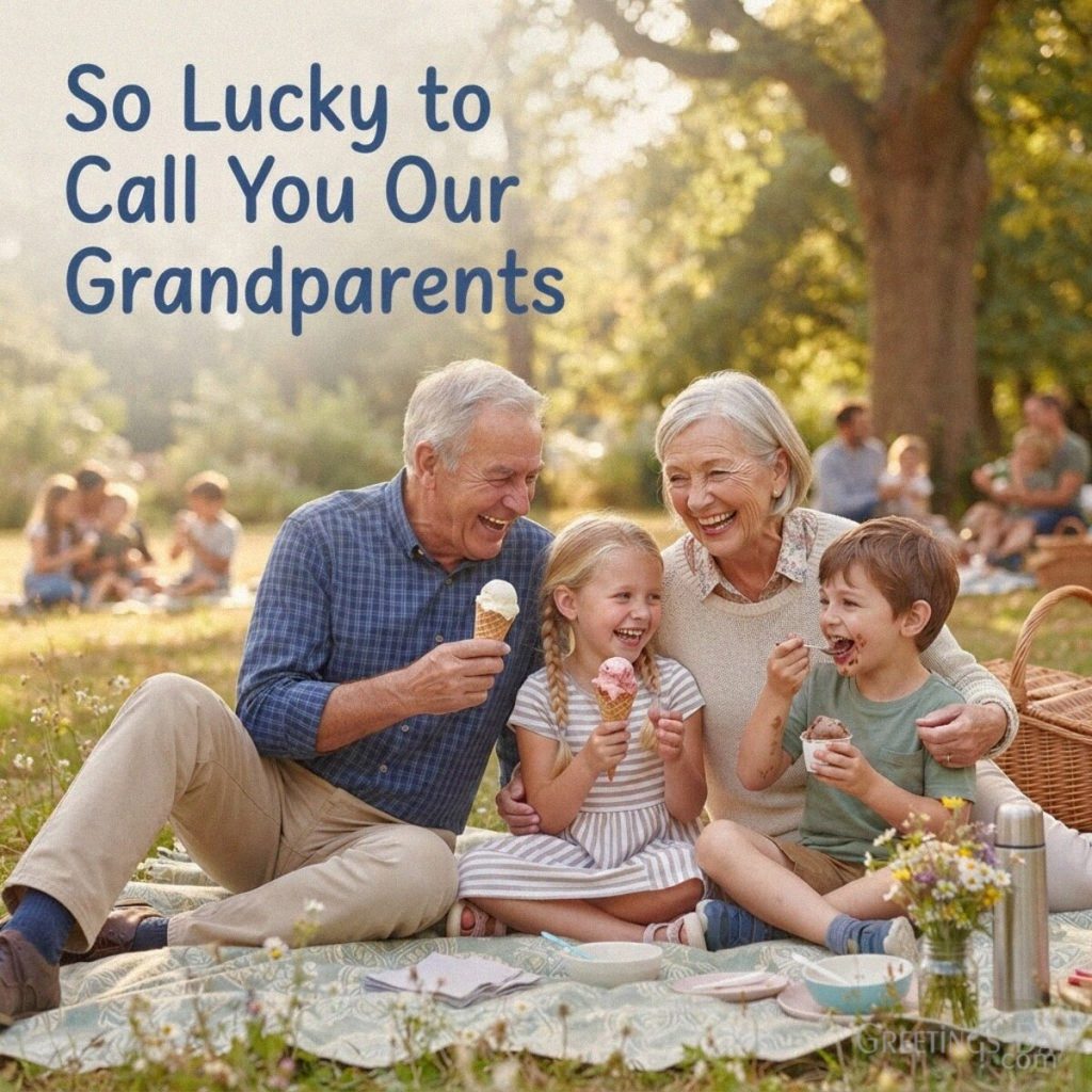 Short Grandparents Day message with happy grandparents and grandchildren sharing ice cream at a sunny family picnic with the text 