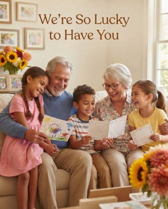 Grandparents Day message from grandchildren with happy Grandma and Grandpa and “We’re So Lucky to Have You” with the text "We’re So Lucky to Have You"