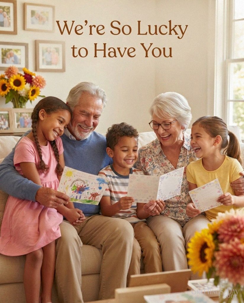 Grandparents Day message from grandchildren with happy Grandma and Grandpa and “We’re So Lucky to Have You” with the text