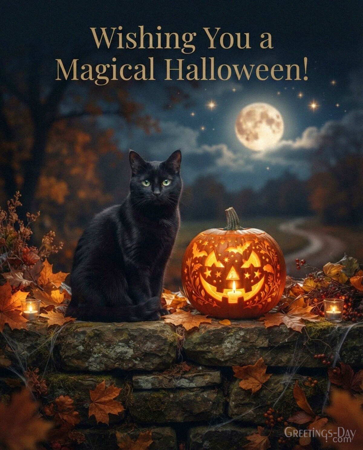 Wishing You a Magical Halloween greeting featuring an elegant black cat