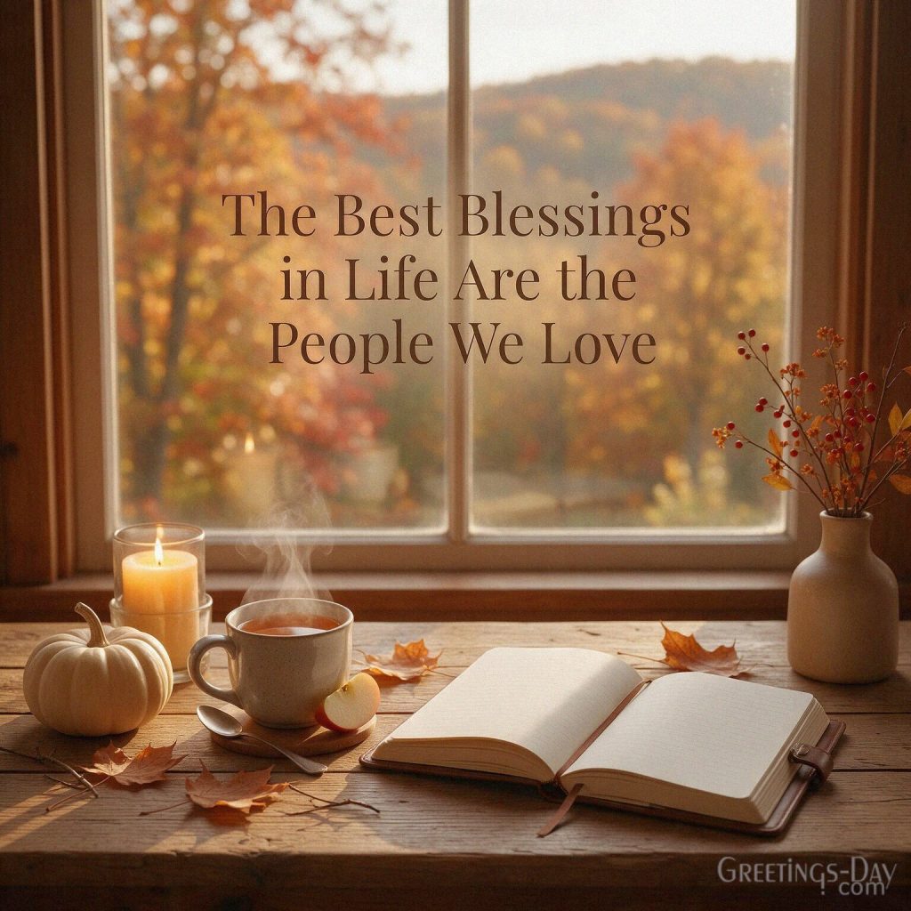 Meaningful Thanksgiving message with a peaceful autumn scene featuring “The Best Blessings in Life Are the People We Love” with the text 