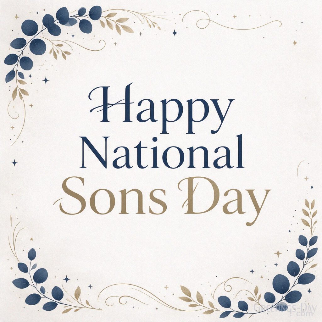 Minimalist Happy National Sons Day image with elegant navy blue and gold botanical details with the text