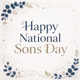 Minimalist Happy National Sons Day image with elegant navy blue and gold botanical details with the text "Happy National Sons Day"
