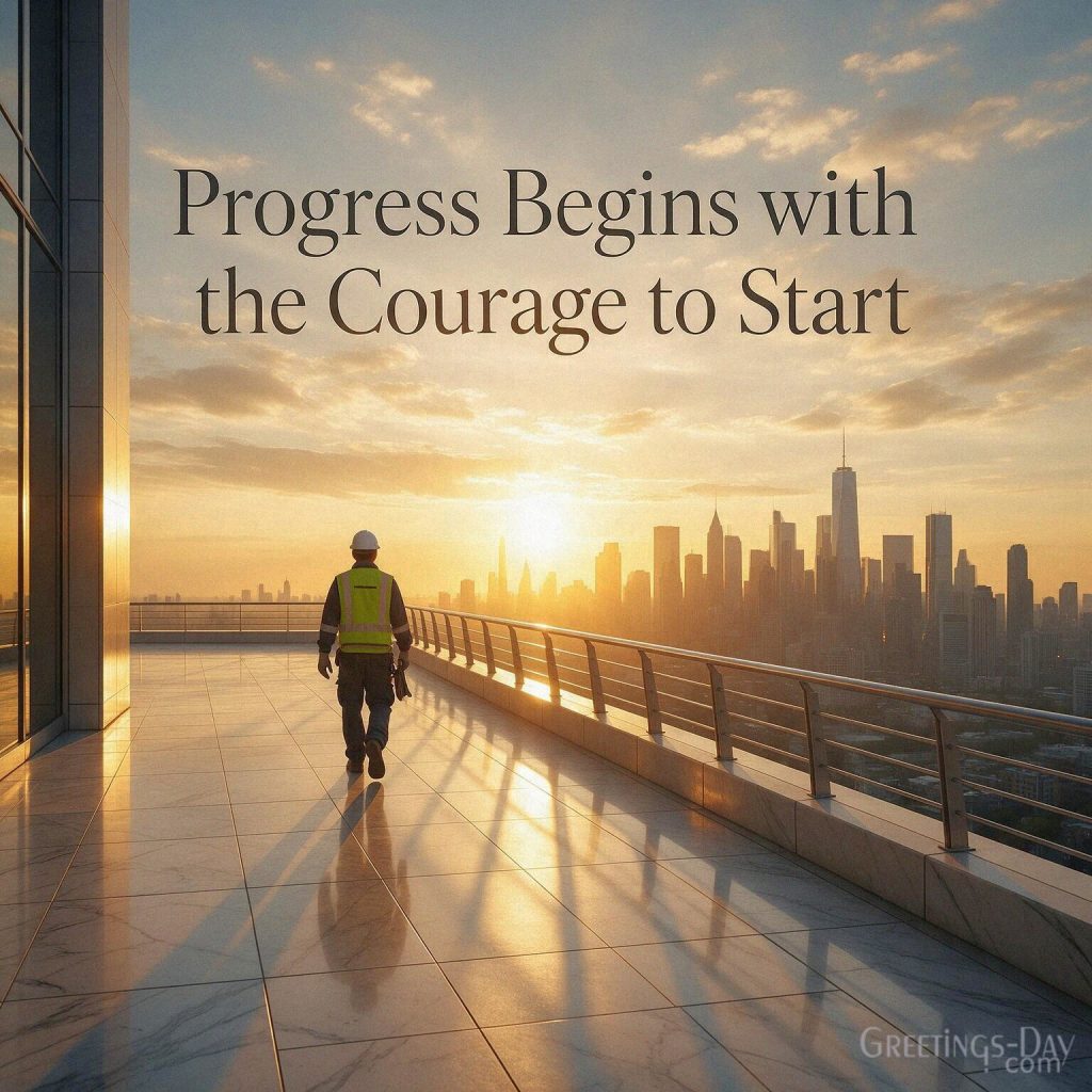 Motivational Labor Day quote with professional walking toward sunrise featuring “Progress Begins with the Courage to Start” with the text