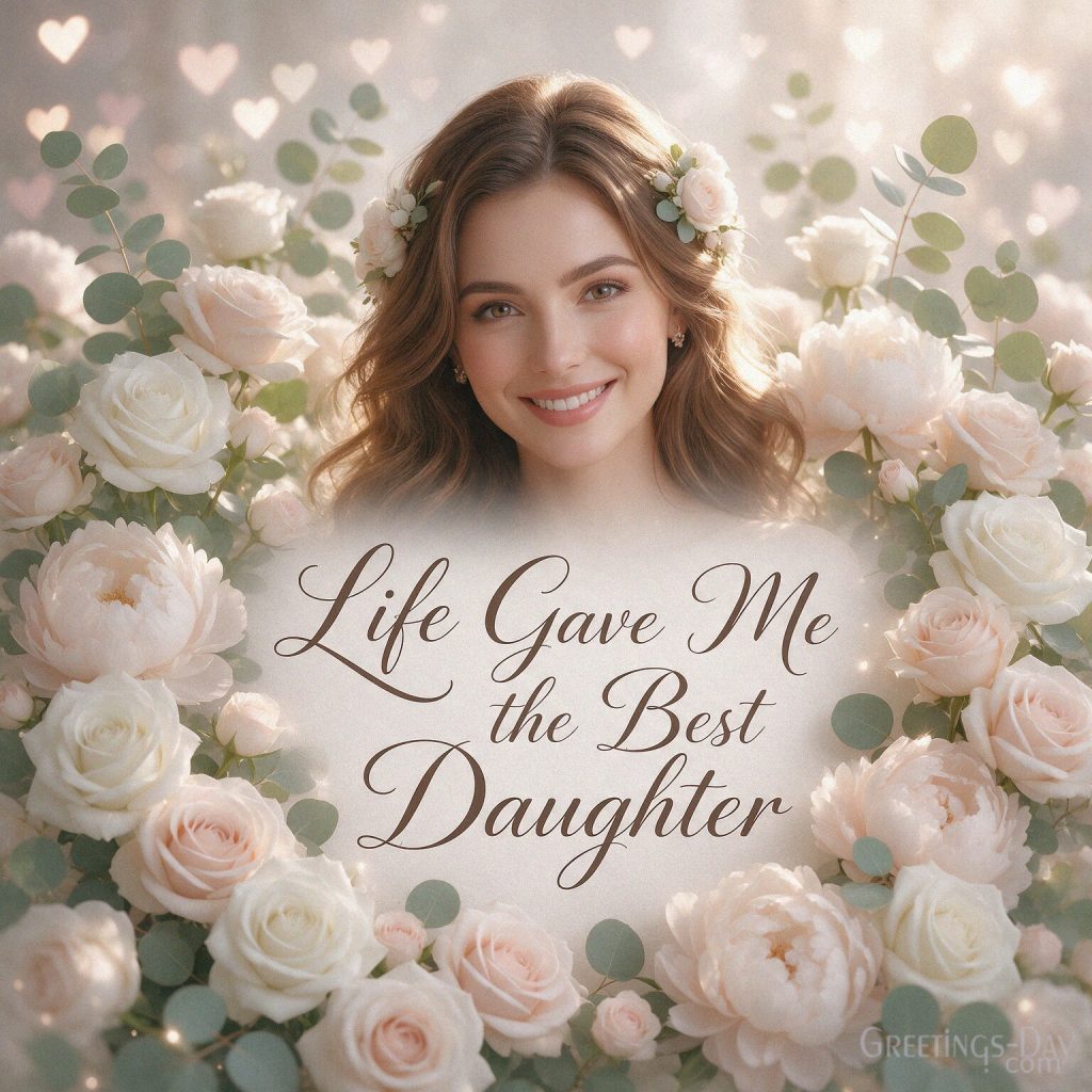 Emotional daughter message reading “My Heart Is Full Because of You” with elegant flowers and soft heart-shaped golden bokeh. with the text