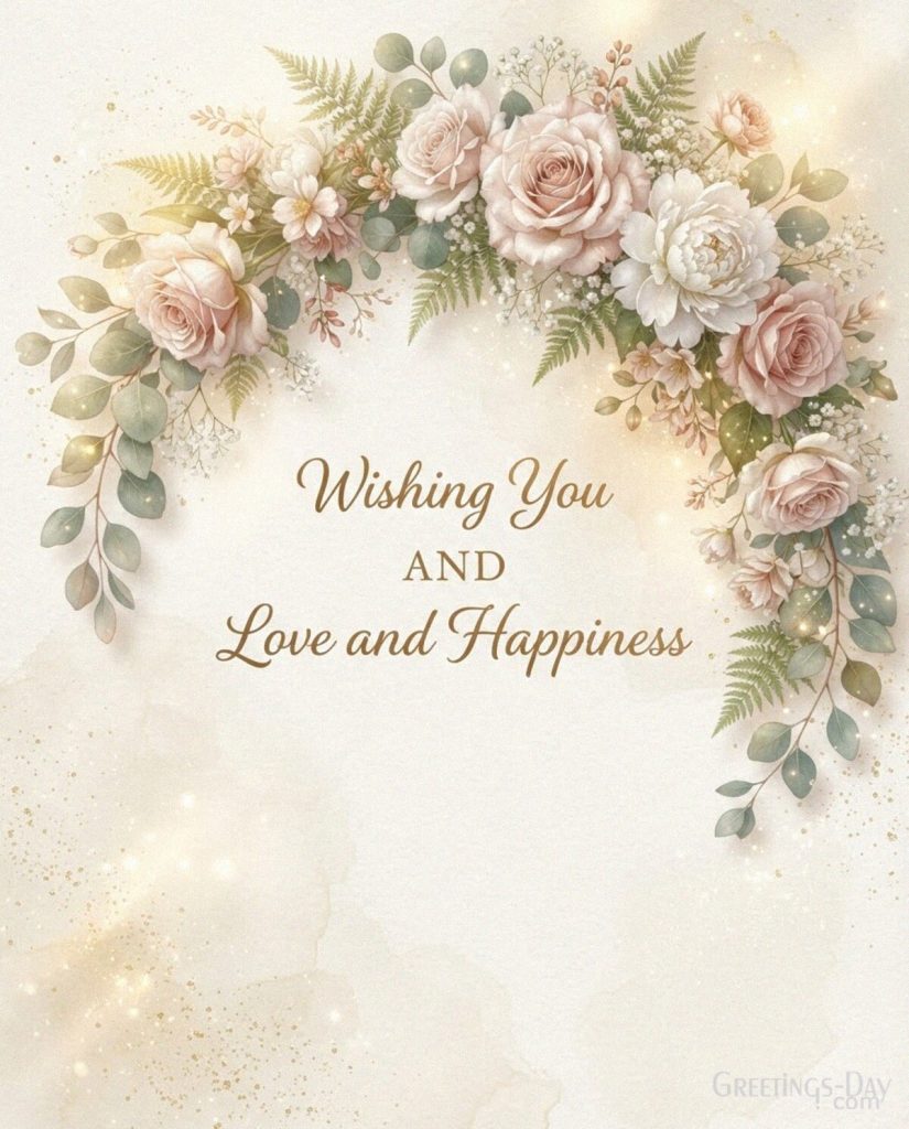 Beautiful National Daughters Day message reading “Wishing You Love and Happiness” surrounded by soft flowers and golden accents. with the text 
