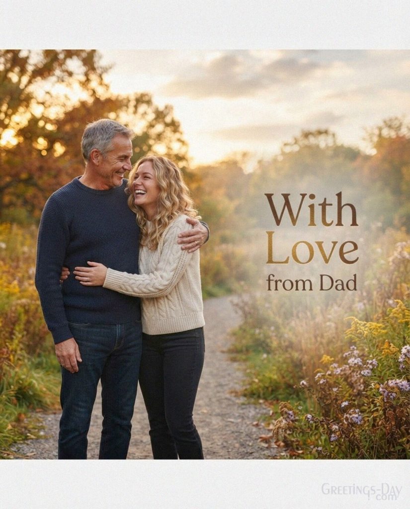 Heartfelt National Daughters Day card from a father reading “With Love from Dad” with a warm outdoor father-daughter portrait. with the text